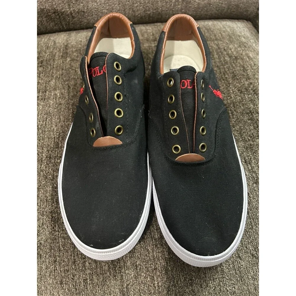 Polo Ralph Lauren Men's Vito Black Canvas Red Logo Casual Laceless Sneaker 11
